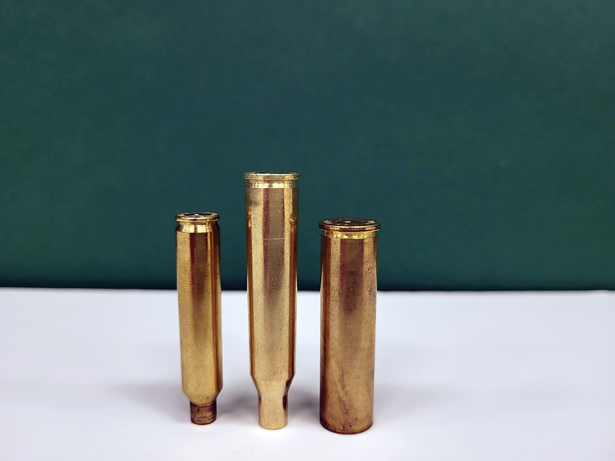 The 204 Ruger (left) is a rimless case while the 220 Swift (middle) is a semi rimmed case and the 460 S&W Magnum (right) is a rimmed case. The differences between rimless, semi-rimmed and rimmed cartridges are displayed here.